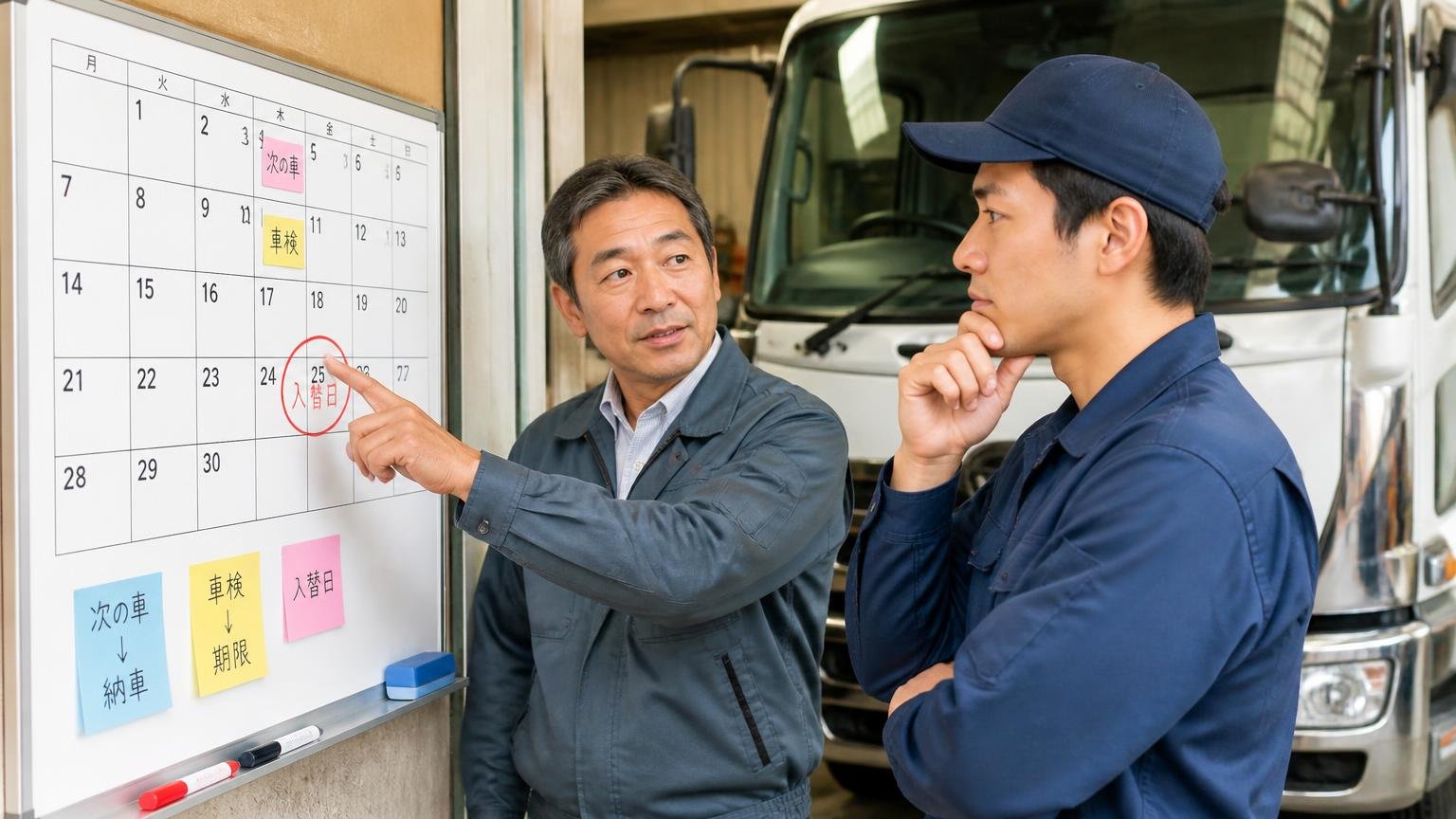 手放す時期は「次の車」と「車検」から逆算して自分で決める 車庫のカレンダーの前で4tトラックの入替日を指さす社長とドライバー