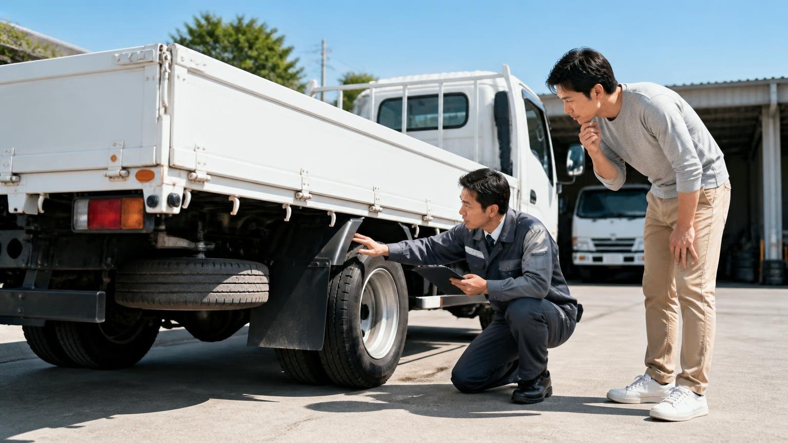 申し込みから入金・名義変更の確認までの流れ、晴れた日の車庫で査定員がトラックの荷台や下回りを確認し持ち主の男性が隣で説明を聞く2人