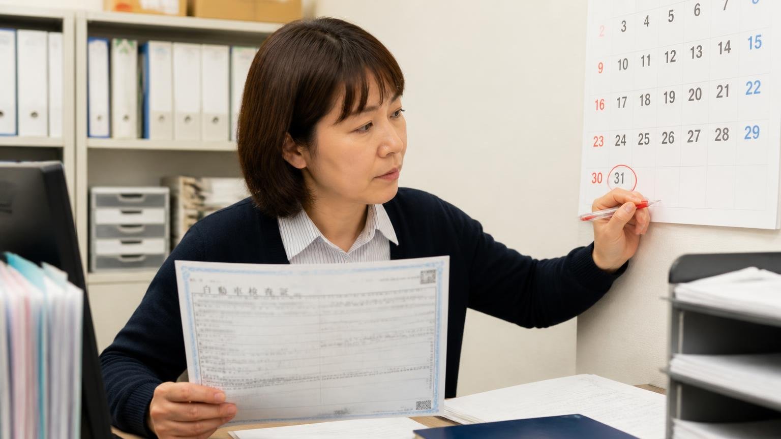 売るタイミングは車検の残りと年度末を意識|事務所のカレンダーの3月末に丸をつけながらトラックの車検証を確認する事務員の女性1人
