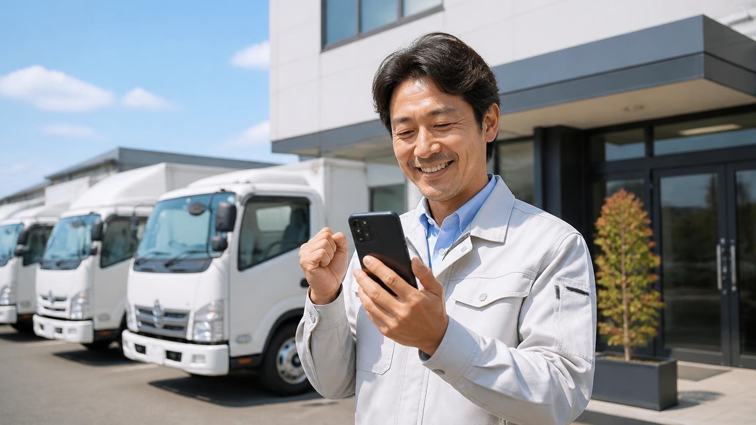 パークトラックの金額と比べたい人へ|無料の出張査定に対応したトラック買取業者3選 営業所の前でスマホから査定を申し込みほっとした笑顔の40代男性1人