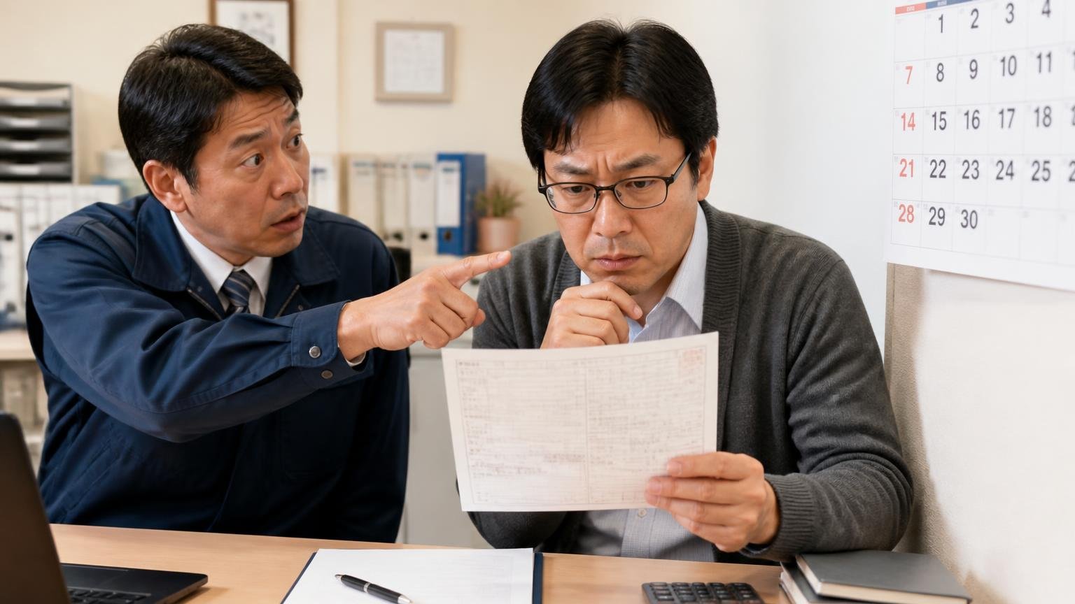 名義変更をいつまでに終えてもらえるか必ず確認する／事務所で車検証を手に日付を確認する2人／カレンダーを指さして念押し