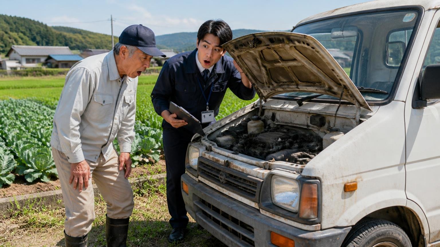 古い・動かない・車検切れでも、自分で廃車にする前に査定を受ける:畑の脇の古い軽トラの横で農家の年配男性と査定員がボンネットを開け、驚いた表情を見せる