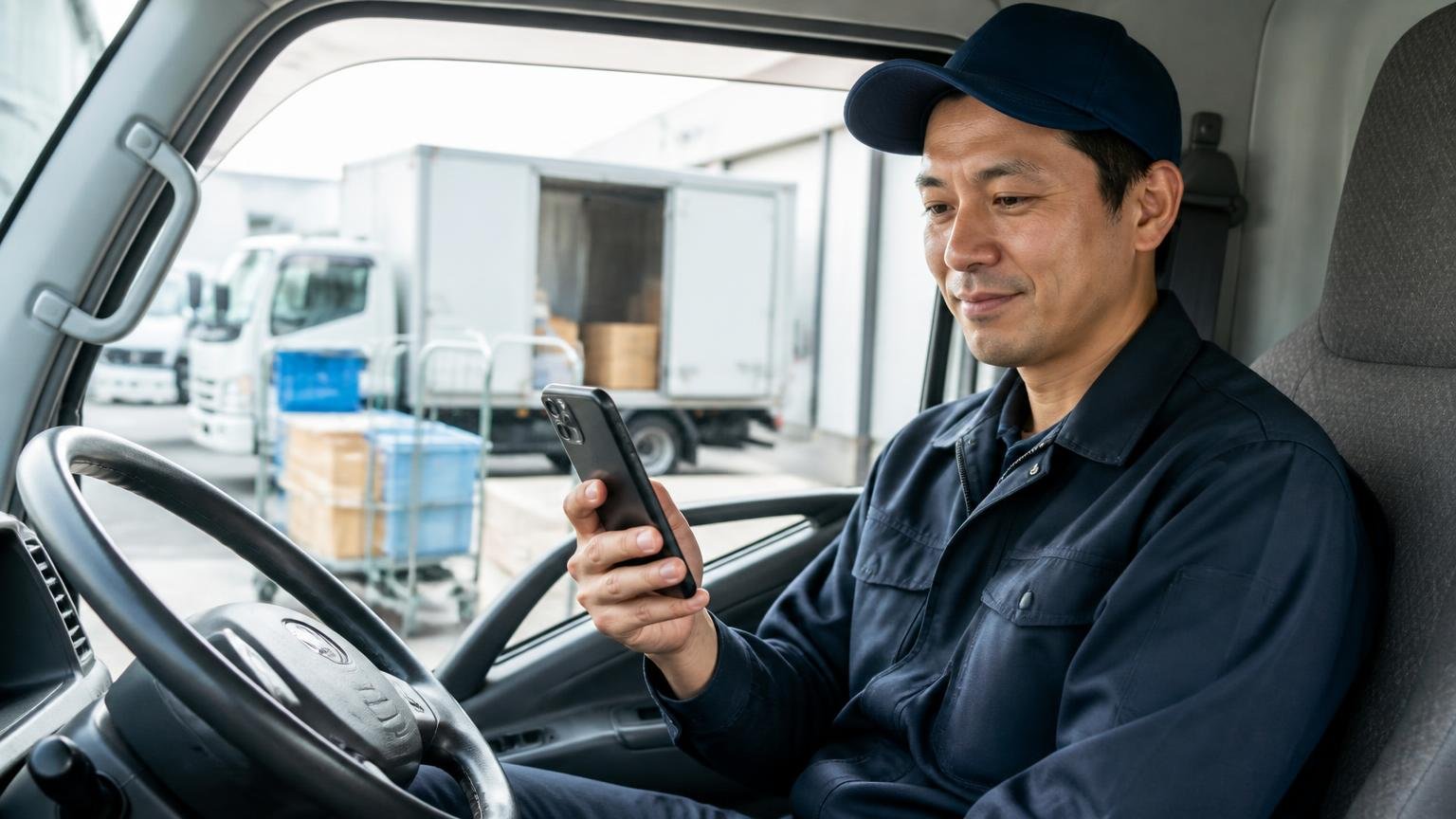営業電話が心配なら、社数と連絡方法を自分で決める 配送の合間の運転席で、スマホにメールで届いた見積もりを落ち着いて確認するドライバー