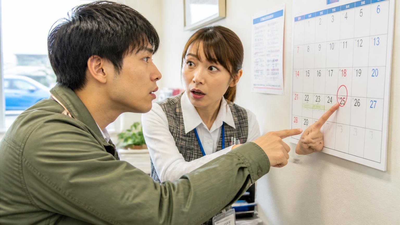 売るタイミングは「車検・税金・自賠責」から逆算する:事務所の壁のカレンダーの前で女性事務員と若い男性ドライバーが車検の期限を指さし相談する