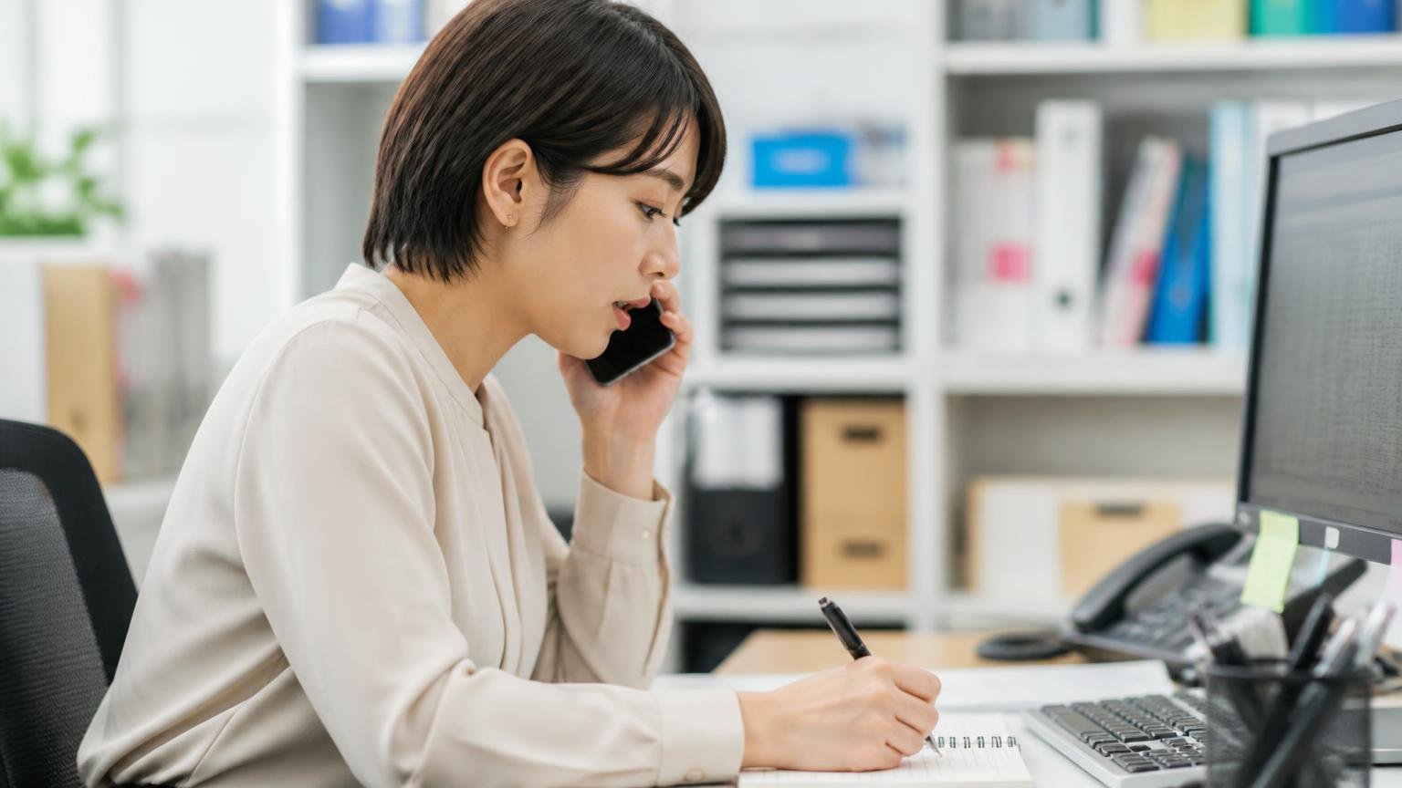 その金額は概算ですか確定ですか|事務所でスマホを耳に当てながらメモを取る女性1人が真剣な横顔