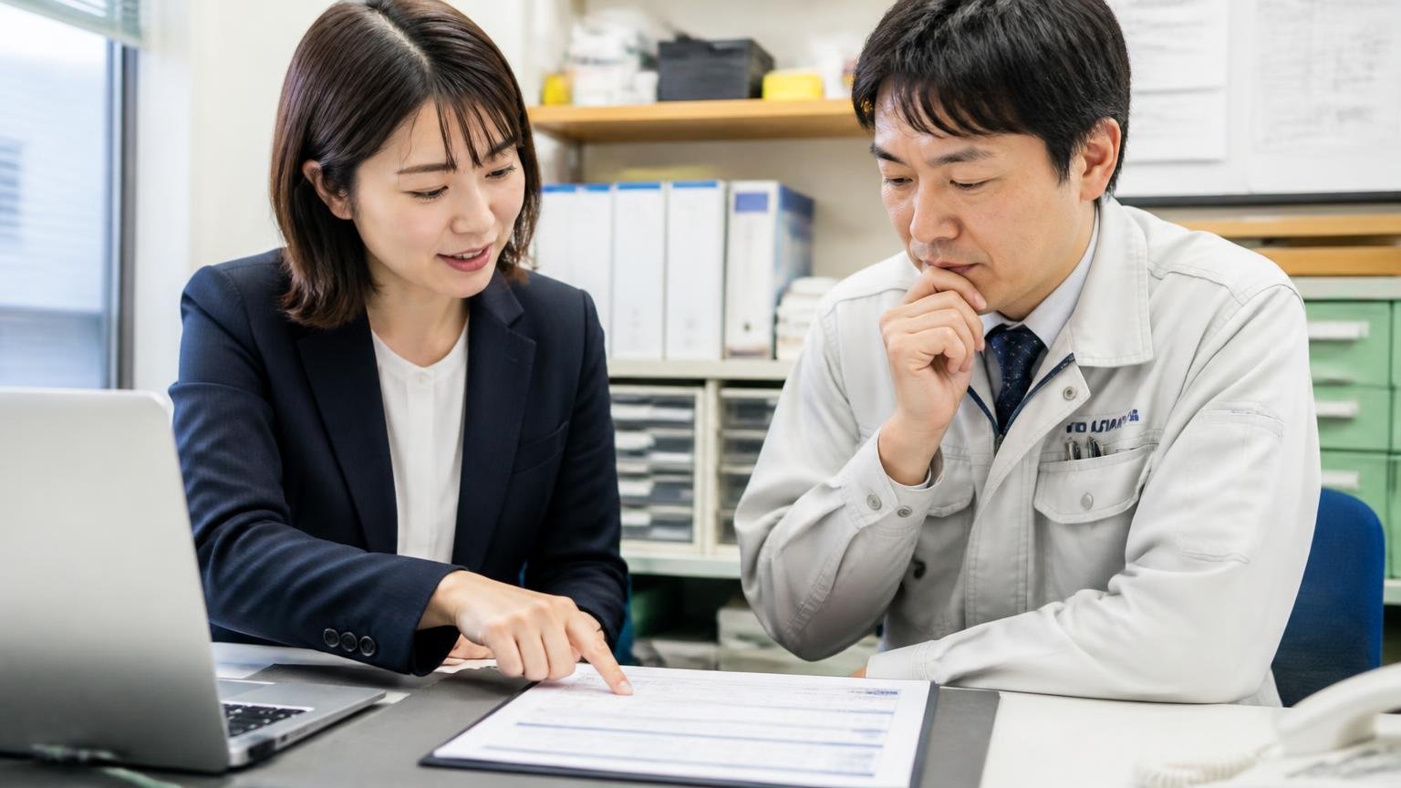 出張費の金額・減額の条件・振込日は、口頭ではなく書面で、営業所の事務所で見積書を指さして確認する女性1人と作業着の男性1人