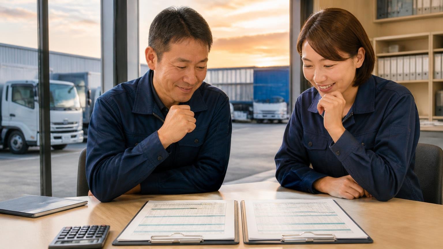 評判を読んで迷ったら、まず金額を並べる｜出張査定と書類代行が無料のトラック買取業者3選。夕方の営業所で2枚の見積書を並べて笑顔でうなずく運送会社の男女2人