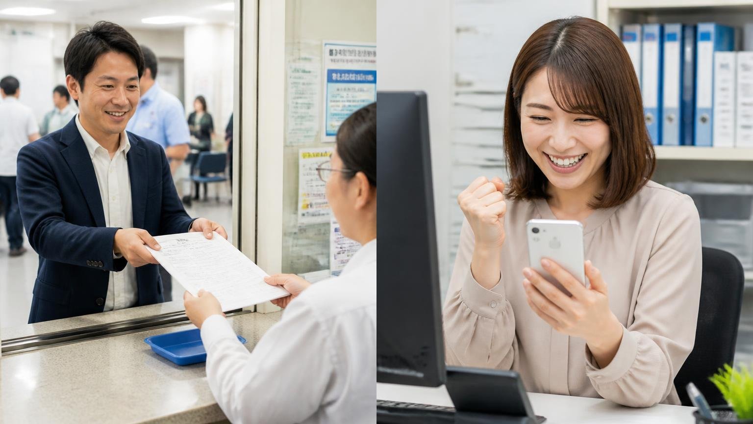 名義変更の完了を確認、運輸支局の窓口で書類を提出する買取業者の男性1人と、事務所で完了連絡のメールを確認して安心する事務担当の女性1人