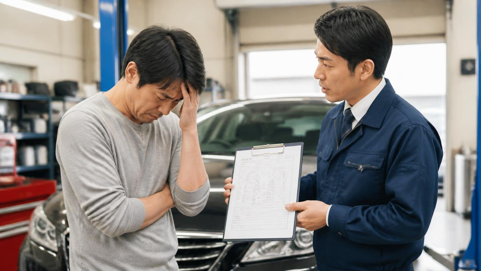 電話の概算をそのまま信じて、減額の条件を書面で確認しない。車庫で査定書を手に「修復歴が」と告げられ肩を落とすドライバー1人と査定員1人