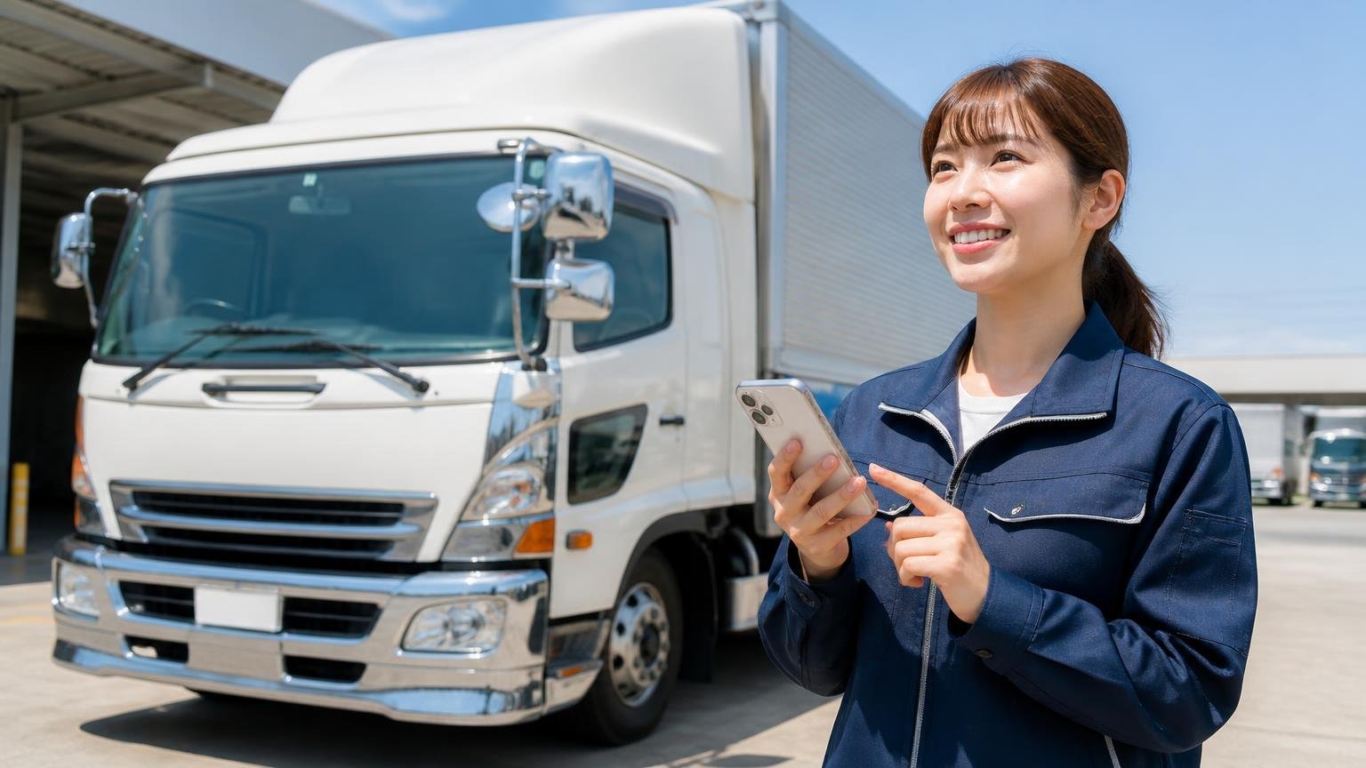 評判を読んで迷ったらまず金額を並べる|朝の車庫で4tウイングの横に立ちスマホで無料査定を申し込む30代女性1人が晴れやかな表情