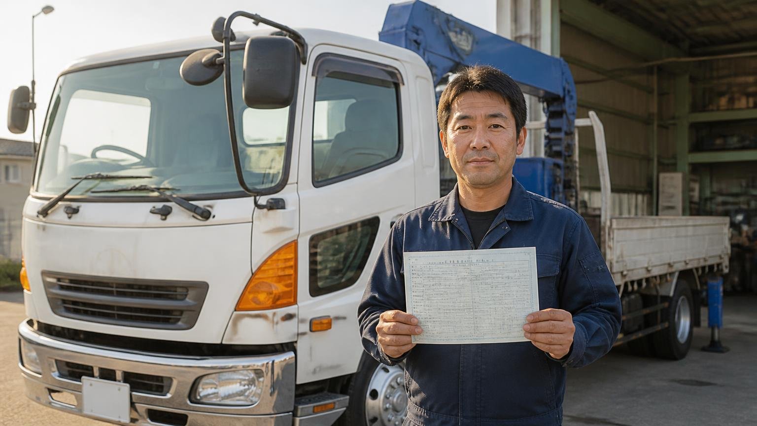 評判を読んだあとの、損をしない3ステップ。早朝の車庫でクレーン付きトラックの前に立ち、車検証を手に前を向く男性1人