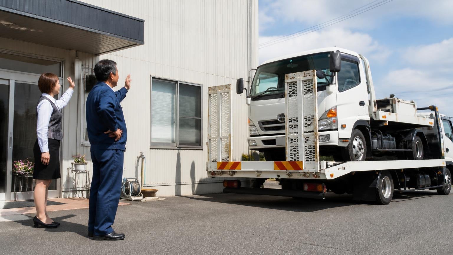 申し込みから入金までの5ステップ 営業所の前で積車に載せられていくトラックを見送る社長と事務員の2人