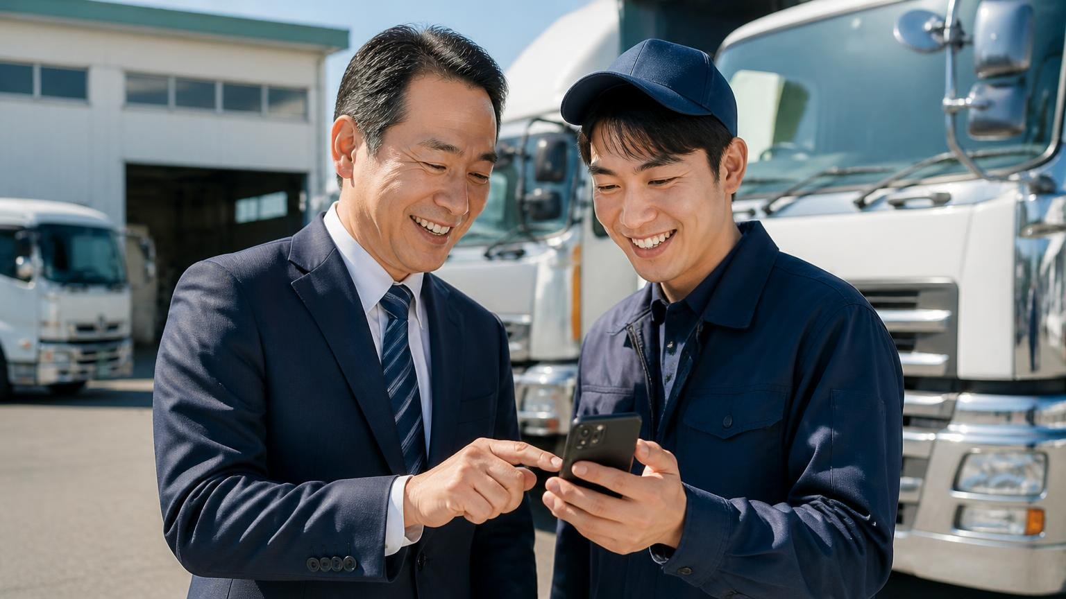 宮城の地場業者の金額を測る物差しに|まず無料査定を取りたいトラック買取業者3選 営業所前で運送会社の社長と若いドライバーがスマホで査定を申し込み笑顔