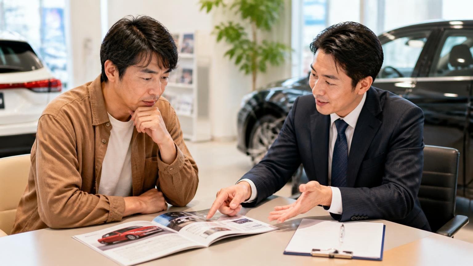ディーラー下取りが向いているのはこんなとき 新車ディーラーの商談席でカタログを見ながら下取りの説明を受ける男性2人