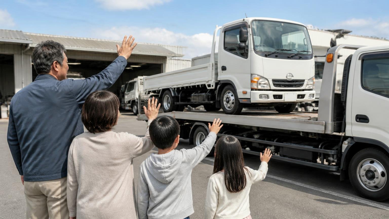 申込から入金までの5ステップ、営業所の駐車場で積載車に載せられていくトラックを見送る50代男性と家族