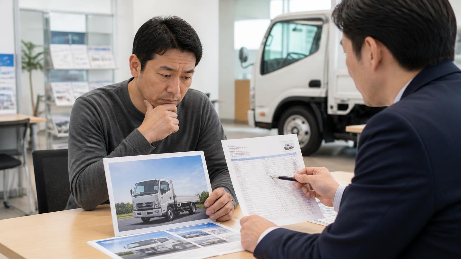 下取りが向いている人・向いていない人|トラック販売店の商談席で新車のカタログと下取りの見積書を見比べる40代男性