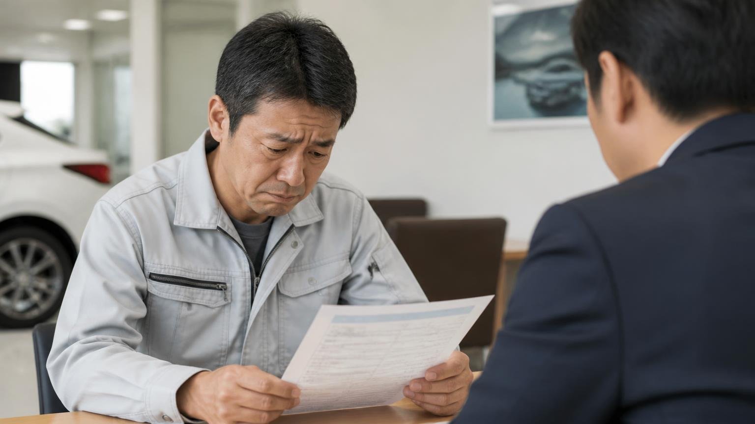 1社の金額だけで決めてしまう。ディーラーの商談席で下取り査定書を受け取り肩を落とす作業着姿の中年男性