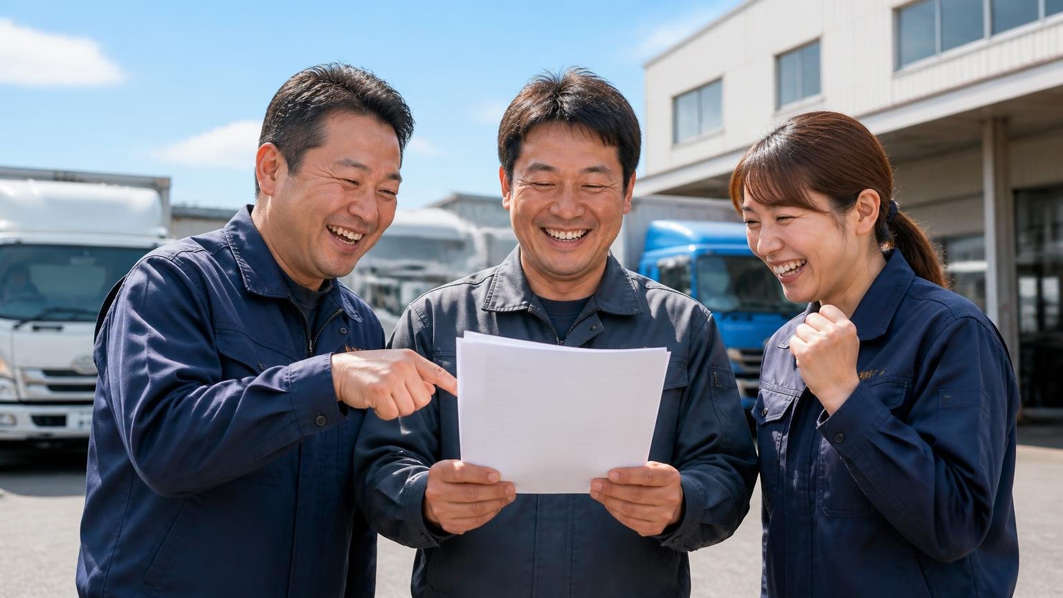 神奈川のトラックを納得の金額で手放したい人が比べる相手に選んでいる買取業者3選、営業所の前で見積書を手に満足そうに笑う運送会社の男女3人