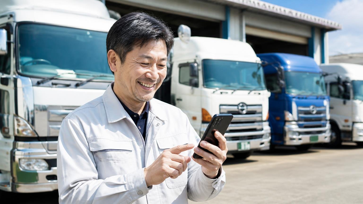 長野の地元業者と並べて比べたい、無料査定のトラック買取業者3選｜車庫のトラック前でスマホから無料査定を申し込み笑顔の男性1人