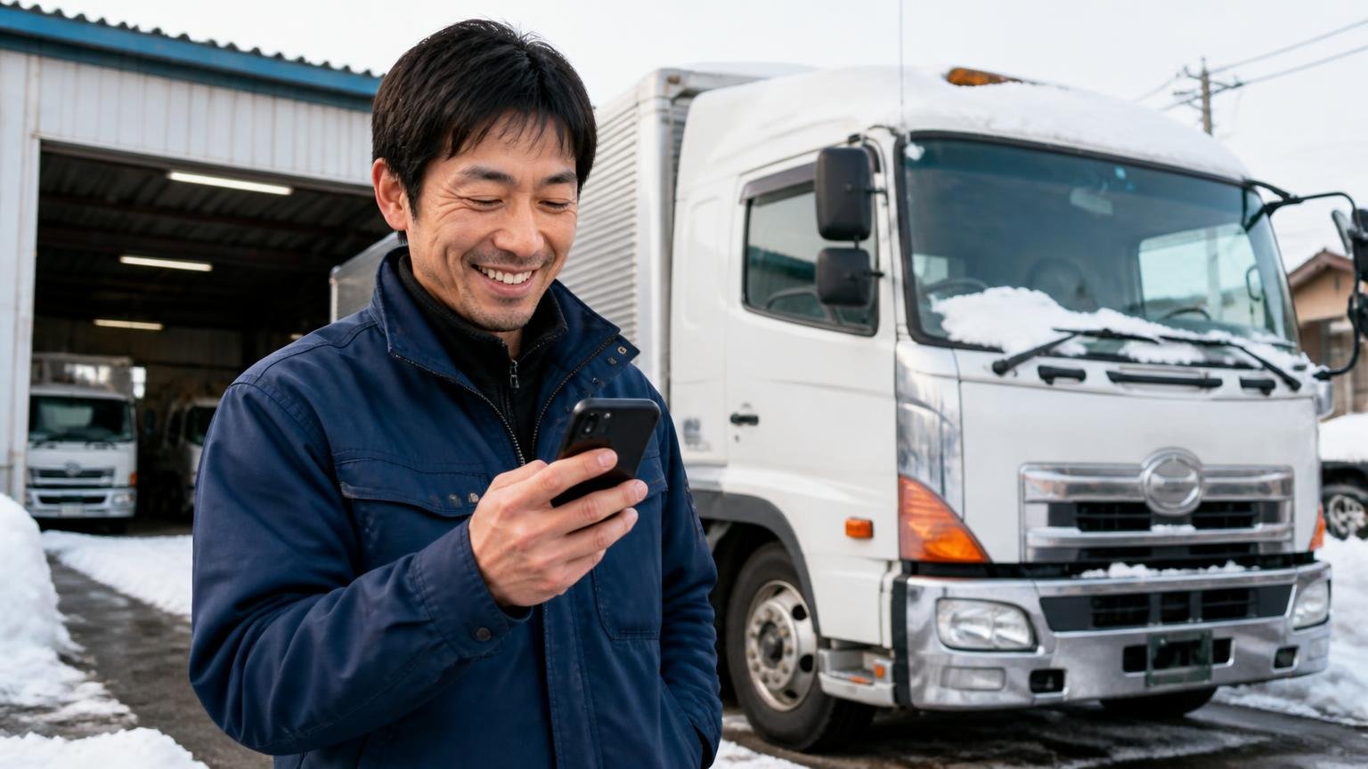 石川の地元業者と並べて比べたい、無料査定のトラック買取業者3選|雪の残る車庫のトラック前でスマホから無料査定を申し込み笑顔の男性1人
