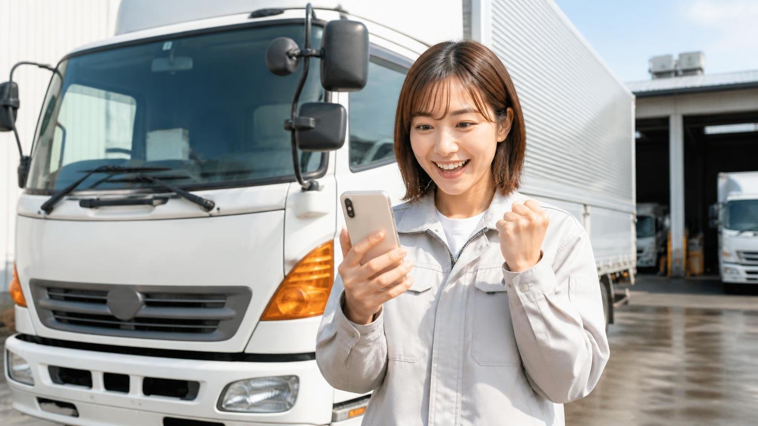 地元業者の金額と並べたい人へ、当サイトおすすめのトラック買取業者3選(営業所の車庫で4tトラックの前に立ちスマホで無料査定を申し込み笑顔になる30代女性1人)