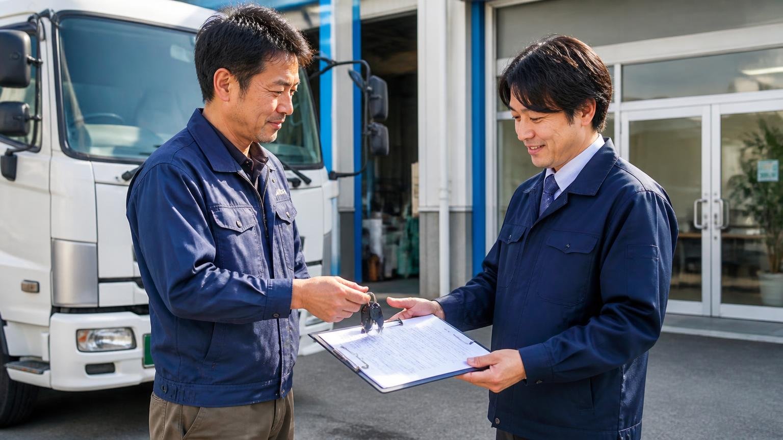 申し込みから入金までの5ステップ|営業所の前で査定員から契約書の説明を受けながらトラックの鍵を手渡す運転手と査定員の2人