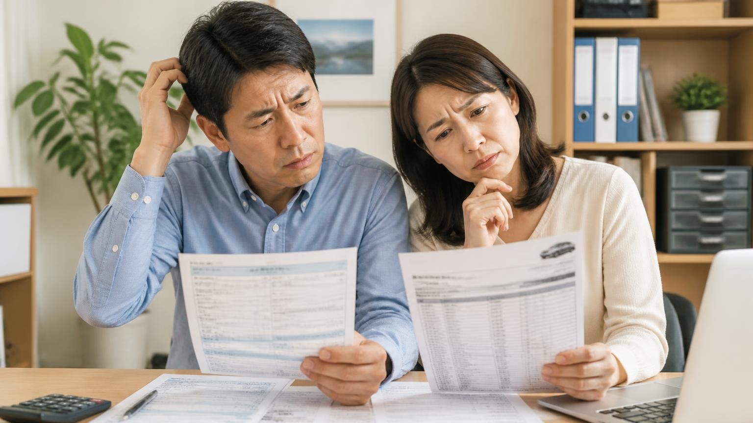 自動車税は「売却」と「廃車」で扱いが違う 事務所の机で自動車税の納税通知書と見積書を並べ、首をかしげる夫婦