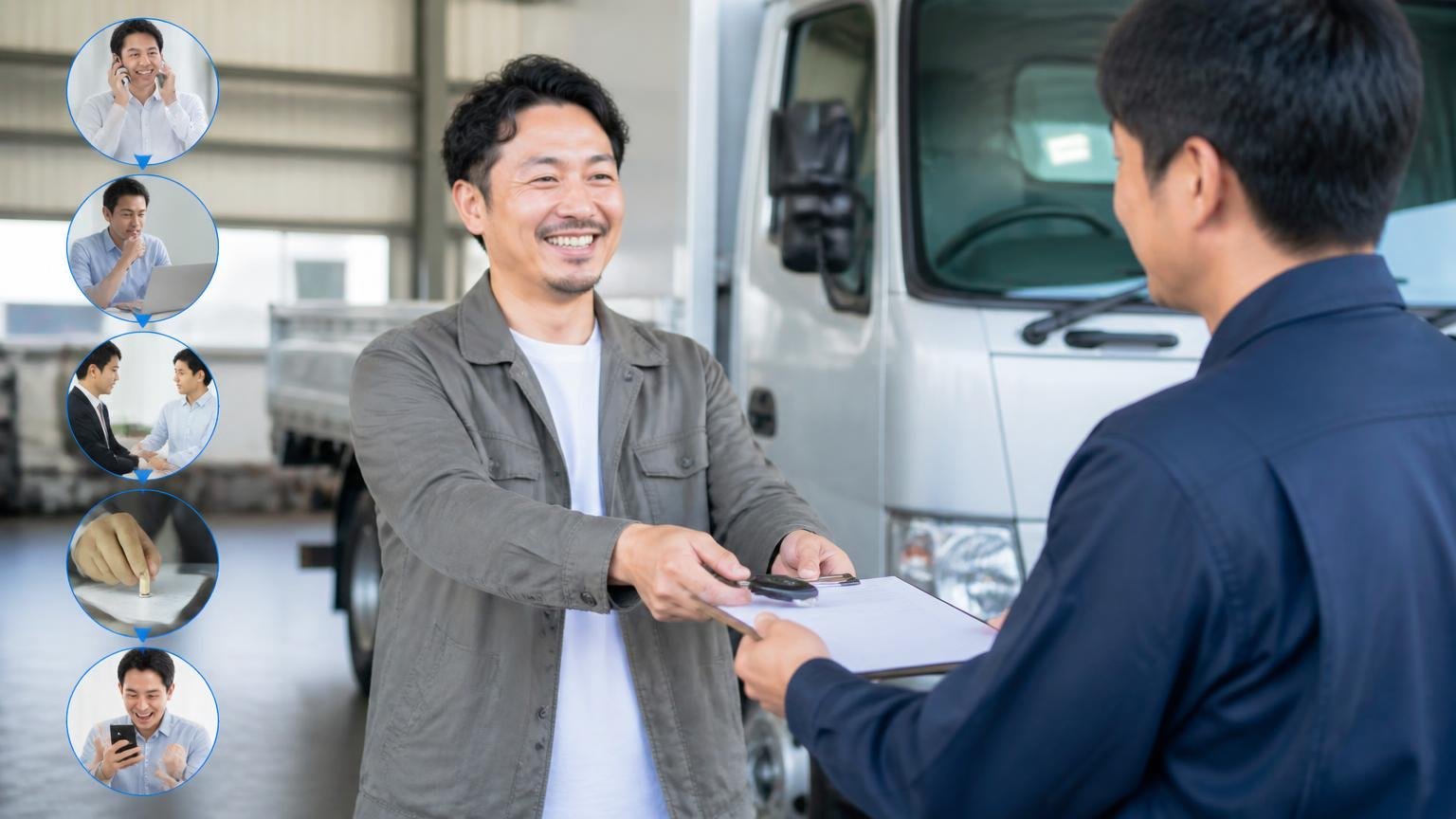 申込みから入金までの5ステップ、車庫でトラックの鍵と書類を査定員に手渡す笑顔の男性