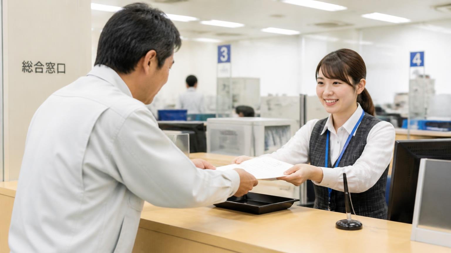 手続きの窓口|官公庁の窓口カウンターで書類を提出する作業着姿の業者スタッフと対応する職員