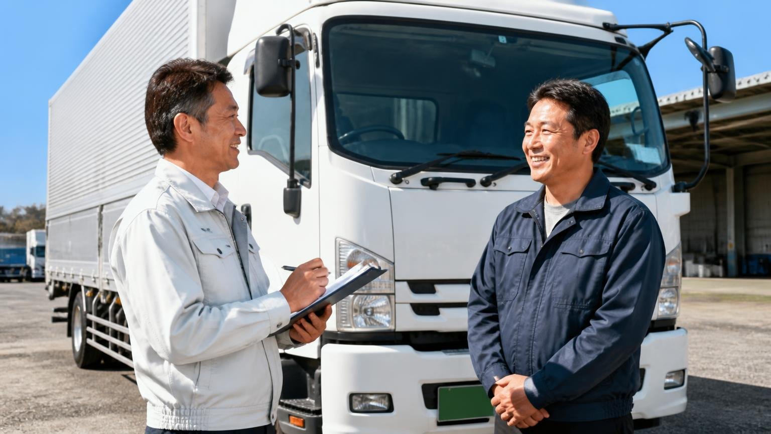 向いている人の条件を確認する場面。営業所の車庫に停まった4tウイングの前で査定士と持ち主の男性2人が笑顔で話す