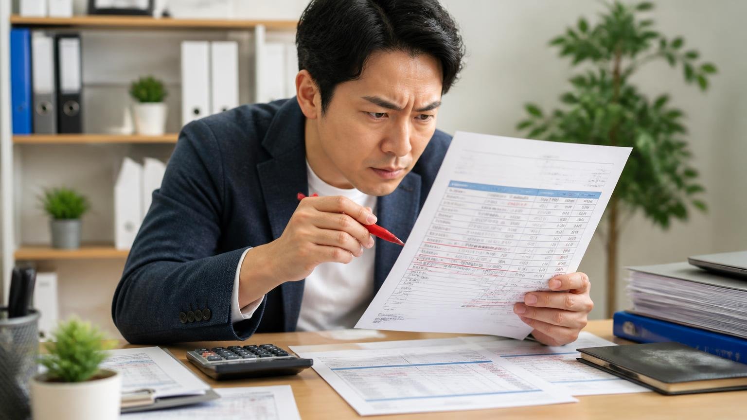 見積書はここを見る、無料の範囲と減額の条件、見積書を手に取って読み込む事務所の机、男性1人、赤ペンで印をつける