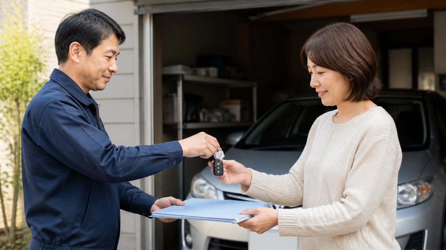 査定に立ち会えないときの進め方 早朝の車庫で鍵と書類を家族に手渡す男女2人がやり取りする