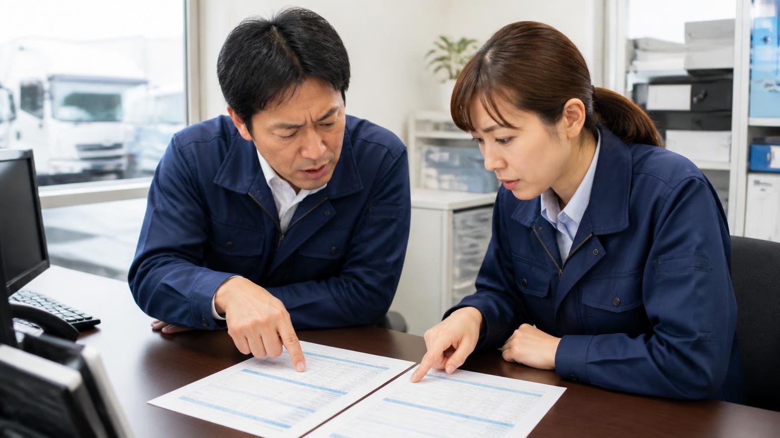 同じ条件で金額を比べる。運送会社の事務所の机に2社の見積書を並べ、内訳の行を指さして比べる男女2人が真剣