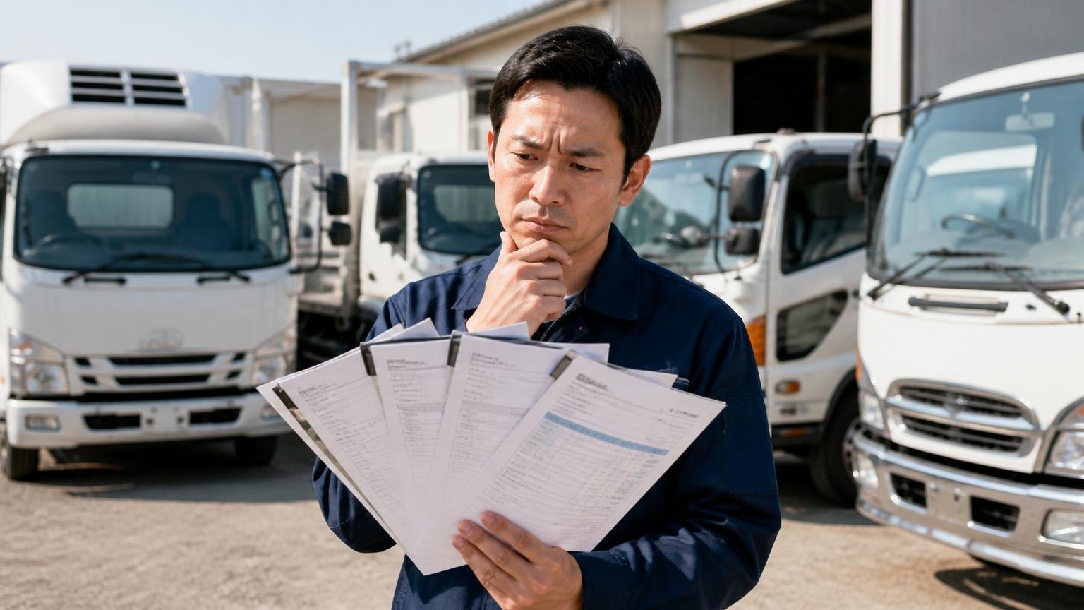 査定するのは「トラック市グループの中から最大5社」 車庫でトラックの前に立ち複数の見積書を扇状に持つ男性1人が考え込む表情