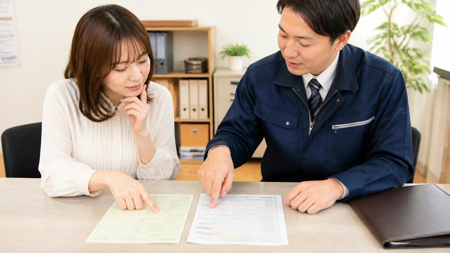 名義変更はいつまでに終わるのかを書面で確認する 事務所の机で車検証と譲渡書類を並べる場面 男女2人 指さして確認する