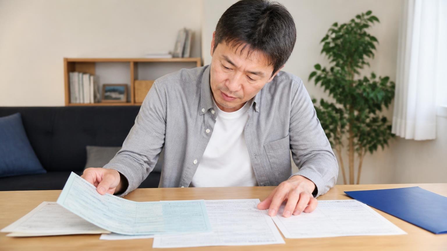 査定当日までに揃えておく書類。事務所の机に車検証と書類を広げる40代男性1人
