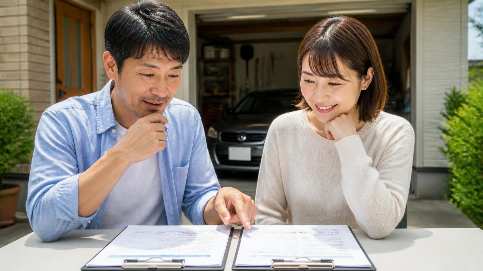 比べる相手の選び方。車庫の前で2枚の見積書を左右に並べ見比べる男性1人と女性1人が納得の表情