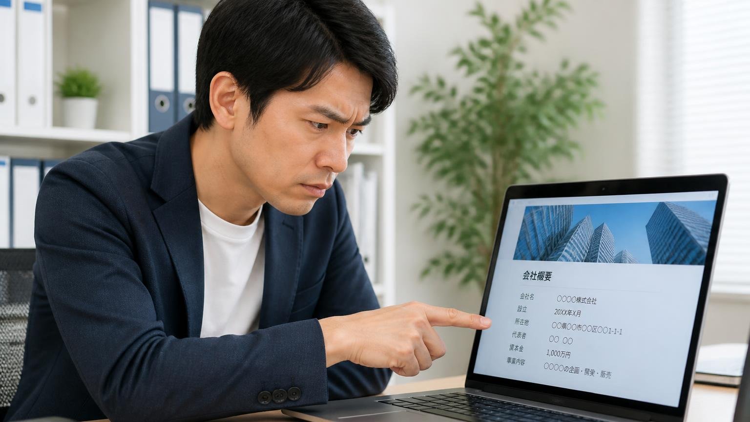 会社情報を確かめる場面。事務所でパソコンの会社概要ページを指さして確認する男性1人が眉を寄せる