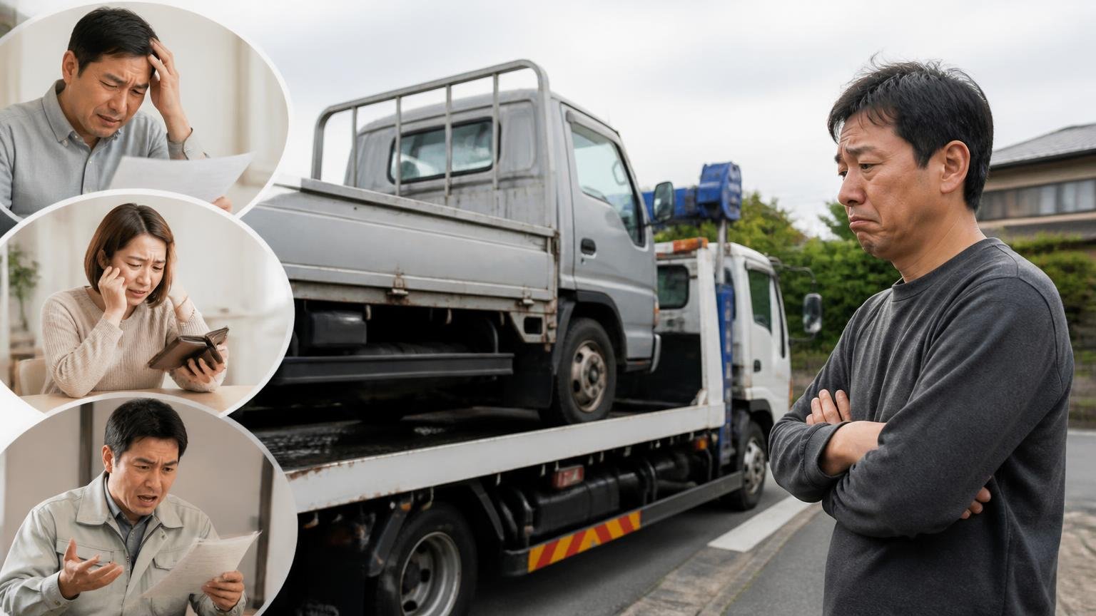評判で決めて金額で後悔する3つのパターン、積車に載せられるトラックを見送る男性1人が複雑な表情