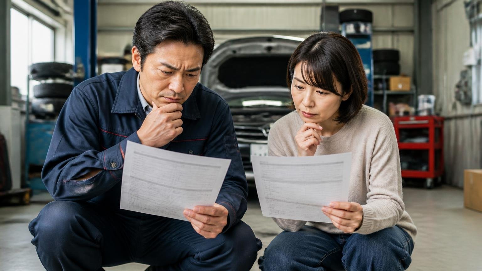 栗山自動車の金額を測るならどんな業者を横に並べるべきか 車庫で2枚の見積書を並べて見比べる場面 男女2人 真剣な表情