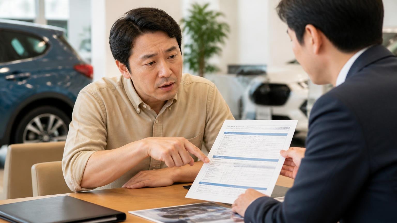 下取り額は「次の車の値引き」と分けて、単独の数字で出してもらう、販売店の商談スペースで見積書を指さして質問する男性