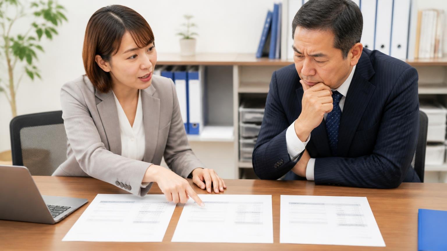 売るなら無料査定を2〜3社から取り、書面の見積もりを横に並べる 事務所の机に3枚の見積書を並べ指さして比べる女性事務員と男性社長