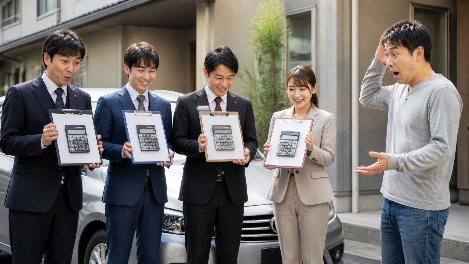 同じ1台に4社が並んだら金額はここまで開いた、自宅前で4人の査定担当者が並ぶ屋外に立つ持ち主1人が驚いた顔をする