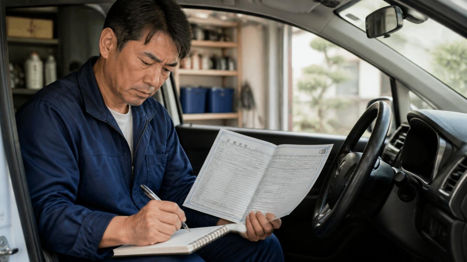 車検証と車両の情報をそろえてから申し込む、運転席で車検証を広げる早朝の車庫、中年のドライバー1人、真剣な顔でメモを取る