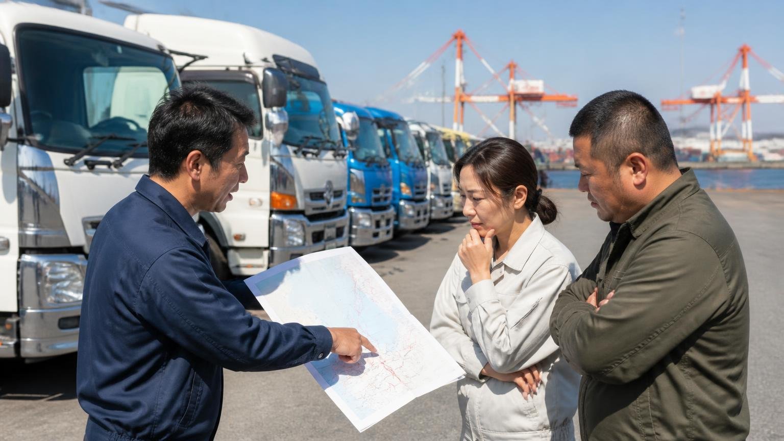 同じトラックでも業者によって得意な車両と売り先が違う(港の近くのヤードに並ぶトラックを前に、査定士が地図を指さして説明する)