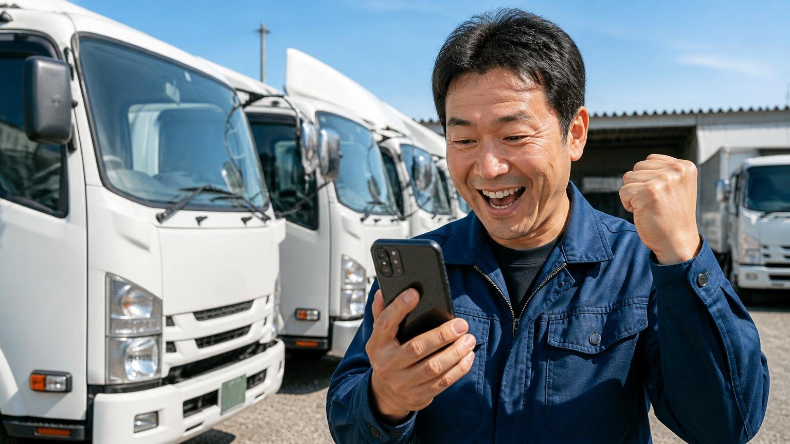 評判を読んで迷ったら、まず金額を並べる｜無料査定ができるトラック買取業者3選、朝の車庫でスマホから査定を申し込み笑顔になる男性