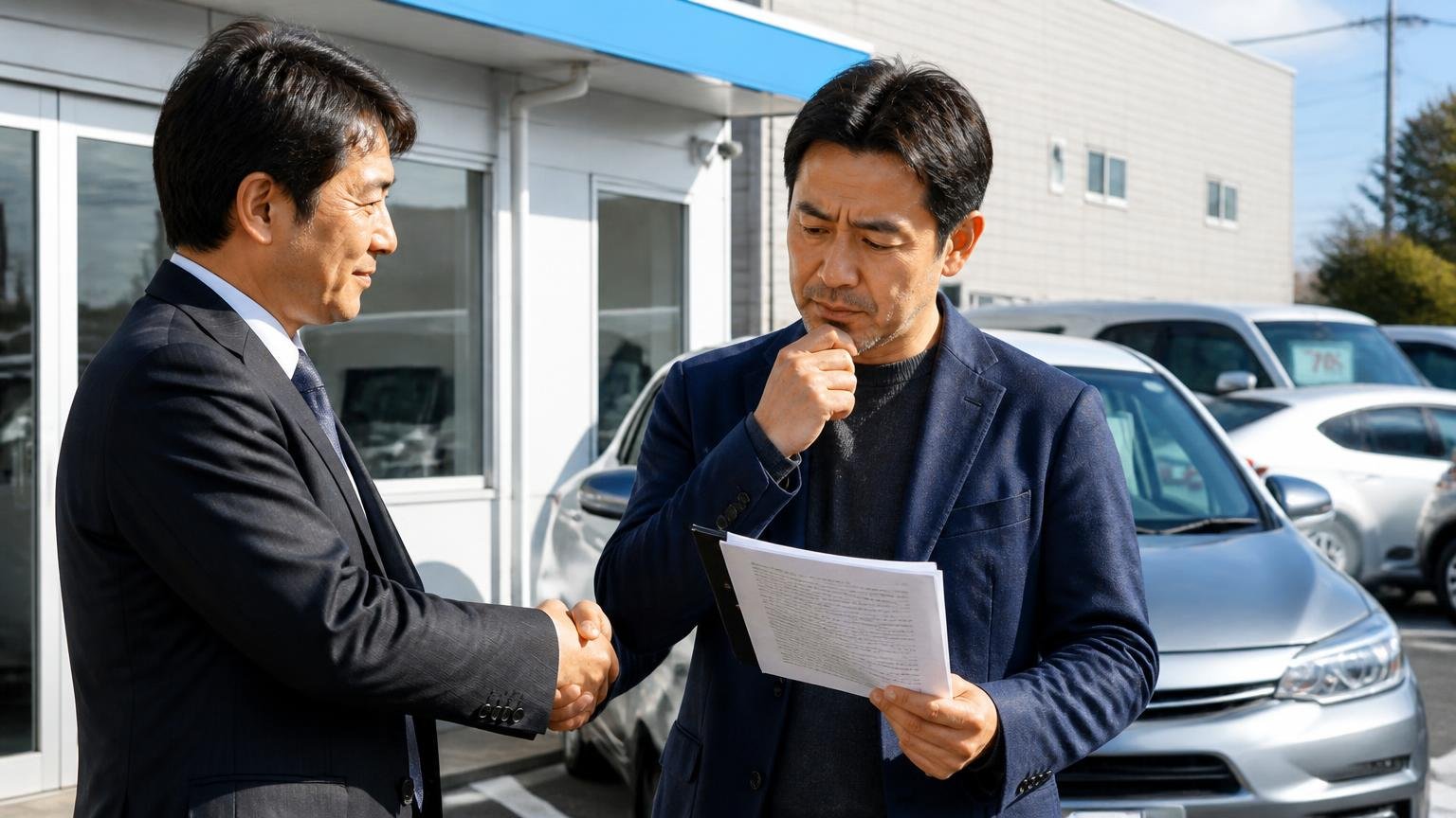「対応が丁寧だった」だけで、1社目に決めてしまう 営業所の駐車場で査定担当者と握手したあと契約書を手に考え込む40代の男性経営者