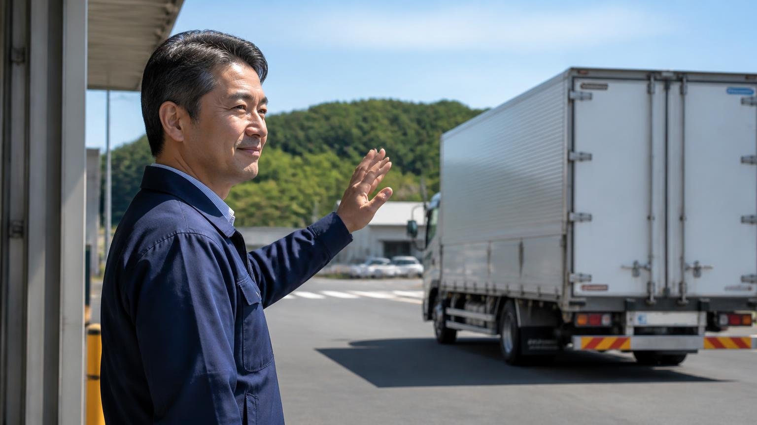 評判を読んで迷ったら、まず金額を並べる。イイノと一緒に無料査定を頼んでおきたいトラック買取業者3選｜営業所前でトラックを見送る経営者の男性1人が穏やかな表情