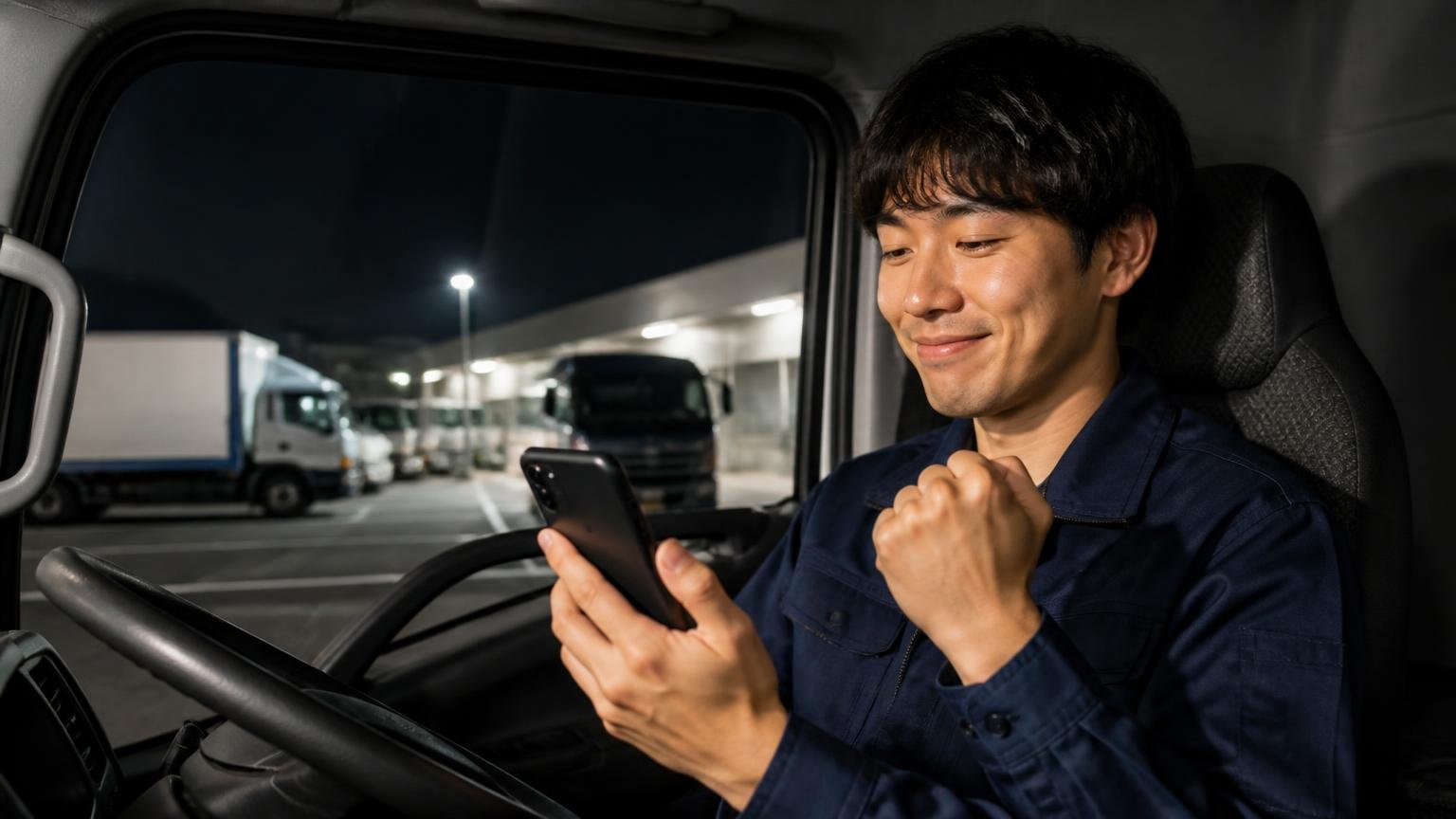 ★の平均だけを見て1社に決めてしまう、夜の車庫に停めたトラックの運転席でスマホの星の画面を見つめ満足げにうなずく若い男性1人