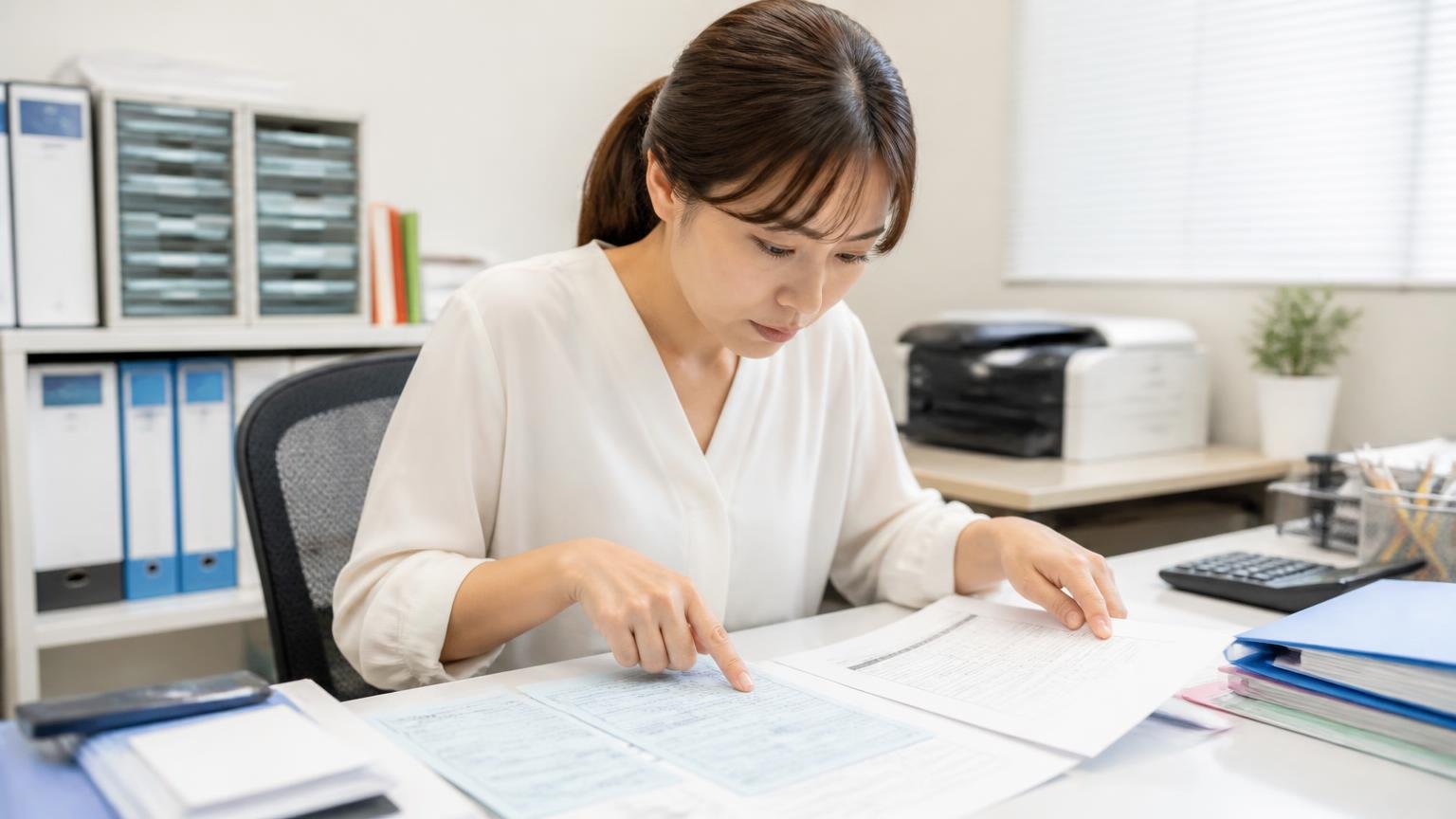 STEP1 車検証と書類を手元に出しておく 事務所の机 女性1人 車検証と書類を広げ指で確認する